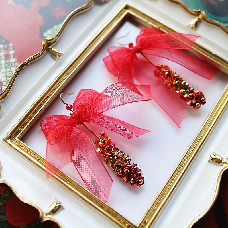 ทองแดงทองเหลือง ต่างหู สีแดง - Yarn ribbon, bowknot, flower dangle earrings, ear hooks and Clip-On