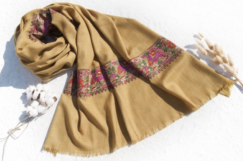 手織圍巾 編織圍巾 保暖毛毯 羊絨毯 刺繡毛毯 喀什米爾Cashmere/羊絨圍巾/純羊毛圍巾披巾/戒指絨披肩-刺繡動物 - 圍巾/披肩 - 羊毛 多色