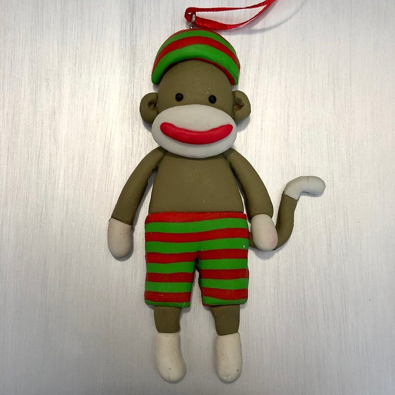 Christmas monkey charm - ของวางตกแต่ง - ดินเผา สีกากี