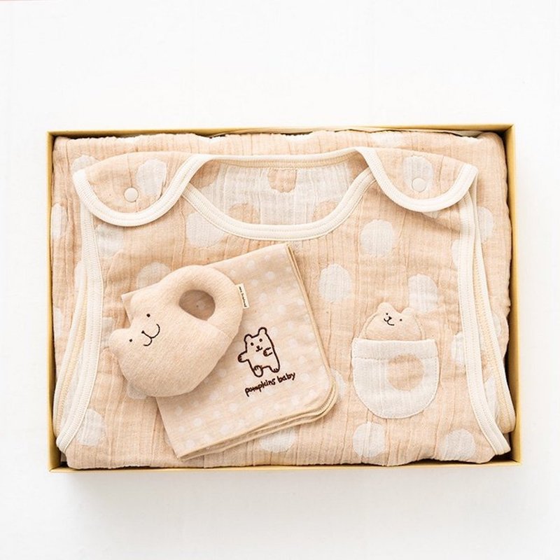 [NEW ARRIVAL!!] Gift set SP-1 100% organic cotton sleeper, rattle, handkerchief 3-piece set Rabbit, bear Made in Japan - Baby Gift Sets - Cotton & Hemp Brown