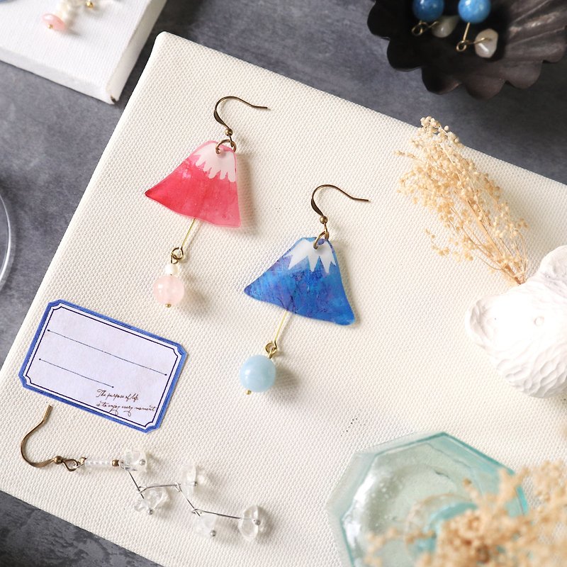 富士山手工耳環-雙子星  粉晶 海藍寶 可改夾式 - 耳環/耳夾 - 樹脂 粉紅色