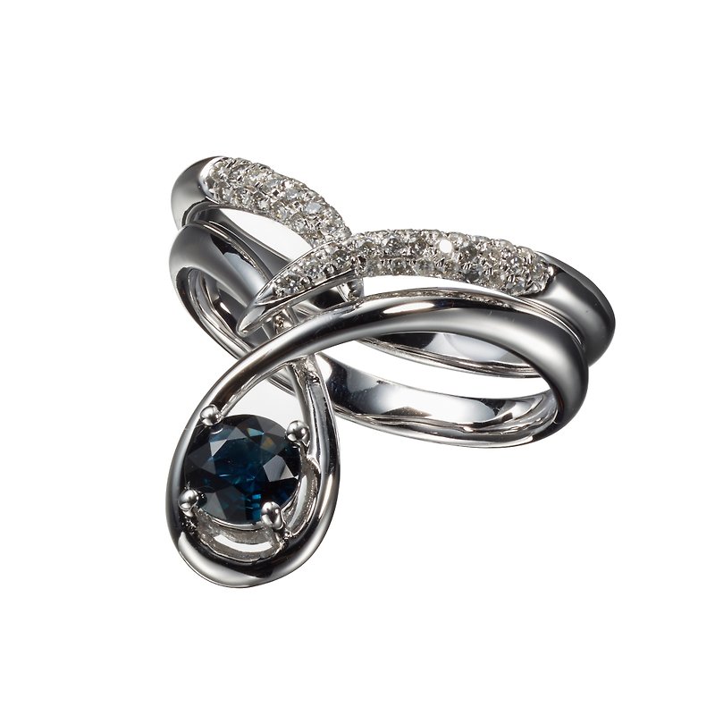藍寶石莫桑石二合一戒指套裝 極簡14k金雙戒指 結婚求婚戒指組合 - 戒指 - 貴金屬 藍色