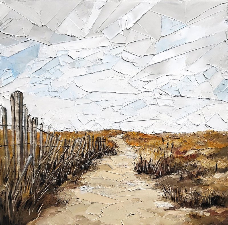 Sand Dunes Painting Road Original Art Impasto Oil Painting Skyscape Wall Art - โปสเตอร์ - วัสดุอื่นๆ สีเหลือง