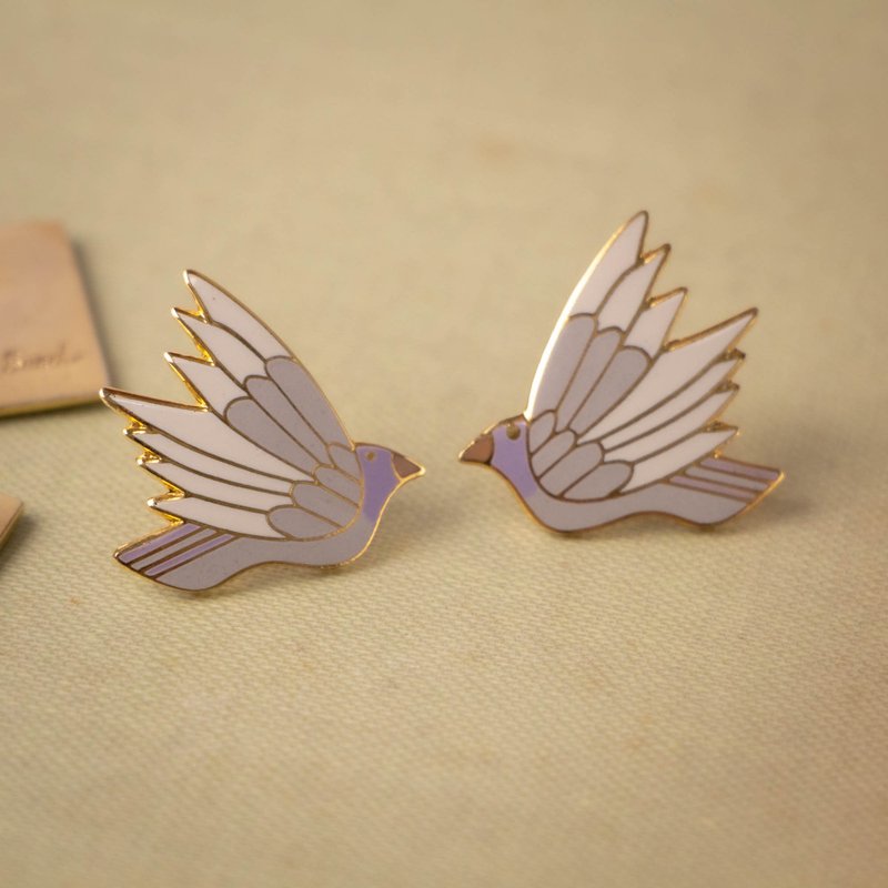 American Laurel Burch designer brand antique purple gray white enamel pigeon gold-plated small ear needles - ต่างหู - วัตถุเคลือบ สีเทา