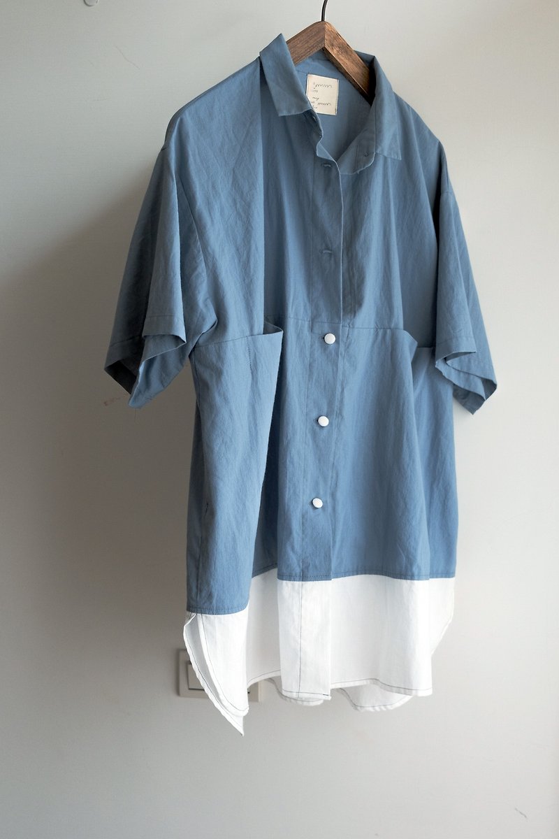 Smoke Blue Panel Wide Short Sleeve Shirt - Women's Shirts - Cotton & Hemp Blue