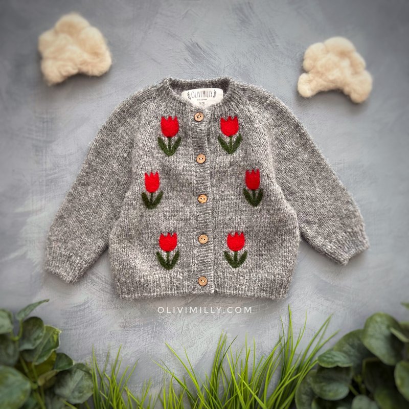 Tulips Cardigan, Knitting cardigan, Kids cardigan, baby clothes, kids, tulips - Other - Wool Gray