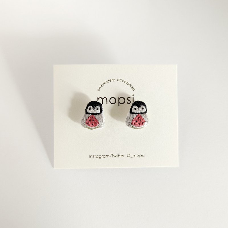 Watermelon and Penguin Embroidered Earrings/ Clip-On - ต่างหู - งานปัก สีเทา