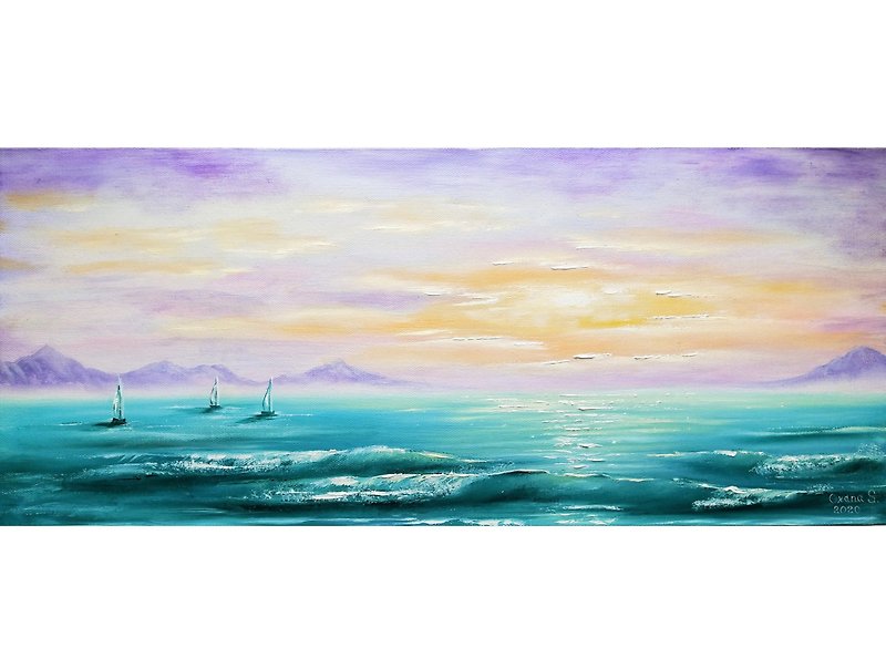 Seascape Painting Sailboats Original Art Oil Painting on Canvas - โปสเตอร์ - ผ้าฝ้าย/ผ้าลินิน หลากหลายสี