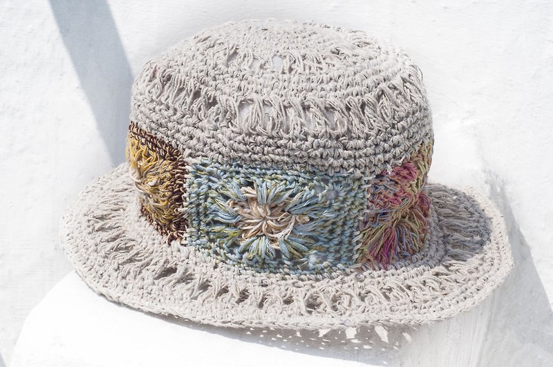 かぎ針編みの綿とリネンの帽子手編みの帽子漁師の帽子バイザー麦わら帽子麦わら帽子-ピンクの花織り - 帽子 - コットン・麻 多色