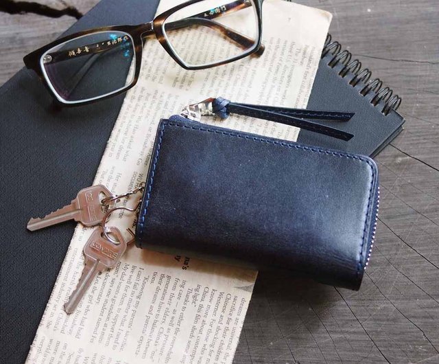 Japanese handmade indigo dyed classic leather zipper key case Made