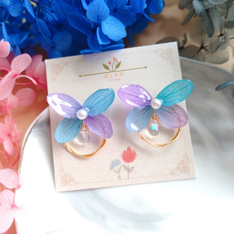 Warm core sunflower _ beautiful gradient dream lake blue purple wood hydrangea glass beads earrings 925 sterling silver anti-allergic / - Earrings & Clip-ons - Sterling Silver 