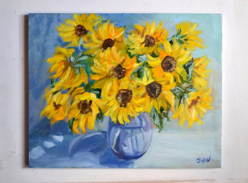 Sunflower Oil Painting Floral Artwork Flower Art - โปสเตอร์ - วัสดุอื่นๆ สีเหลือง