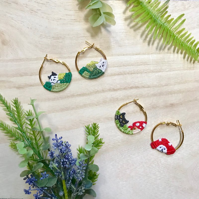 Hand-made embroidery // The mountains surround the cat hoop earrings // Can be changed to clip style - Earrings & Clip-ons - Thread Green
