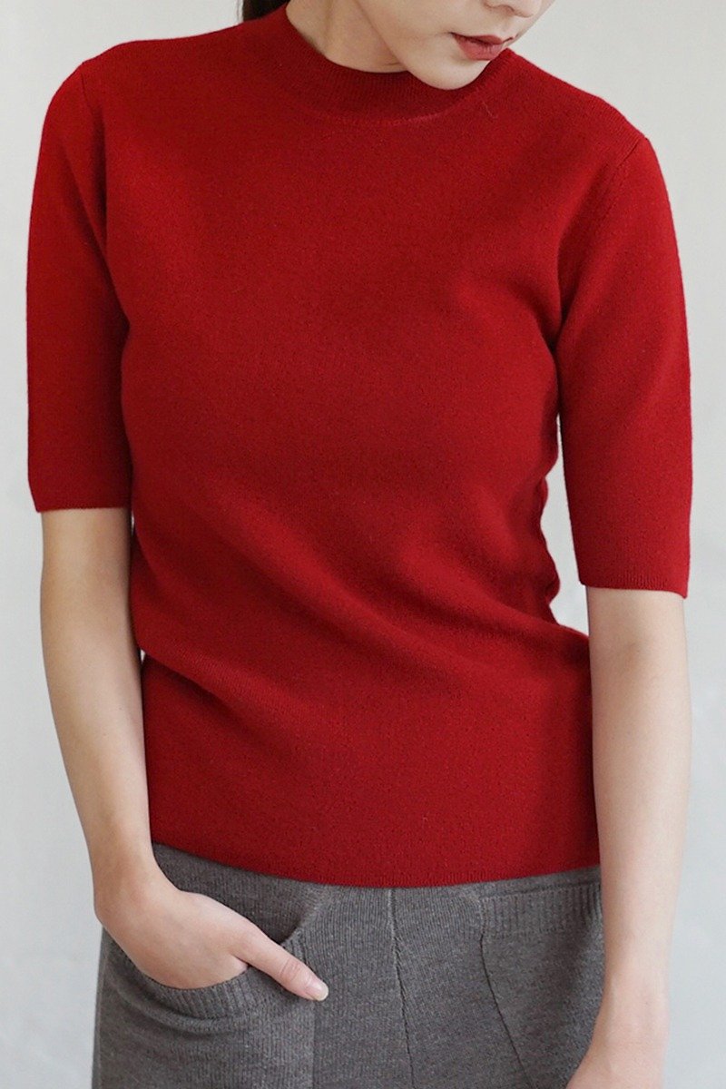 KOOW     We turn red 全羊绒高支半袖针织衫 圆领基础款修身毛衣 - สเวตเตอร์ผู้หญิง - ขนแกะ 