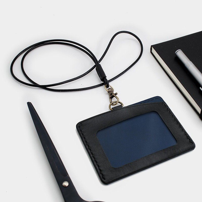 RENEW-Horizontal document holder, card holder black + navy blue vegetable tanned leather hand-made hand-sewn - ที่ใส่บัตรคล้องคอ - หนังแท้ สีน้ำเงิน
