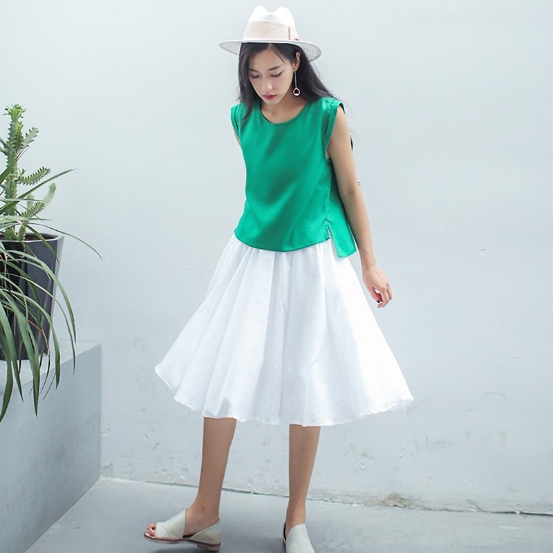 Anne Chen original design cloud screen 2016 summer new casual comfortable literary elegance cotton big hem skirt dress - Skirts - Cotton & Hemp White