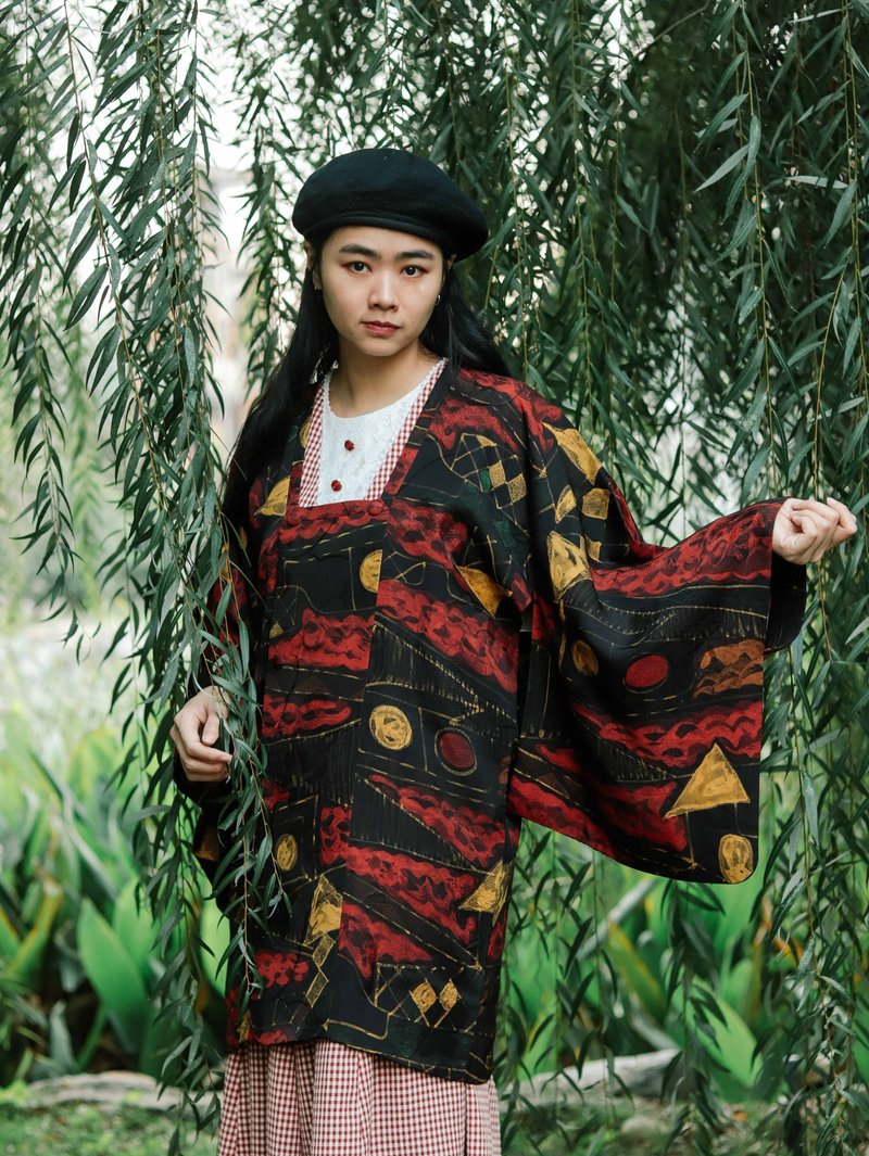 ヴィンテージジャパニーズロードライン001レッド、イエローグラフィティブラック、着物カバー【Tsubasa.Yヴィンテージハウス】 - ジャケット - コットン・麻 ブラック