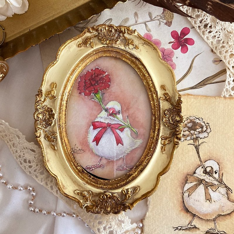 Carnation and White Java Sparrow-A / Flower lover No Kaori Bird Tsumewa Mahjong Mother's Day Painting Imitation of Antique Antique Interior Decoration - โปสเตอร์ - กระดาษ สีแดง