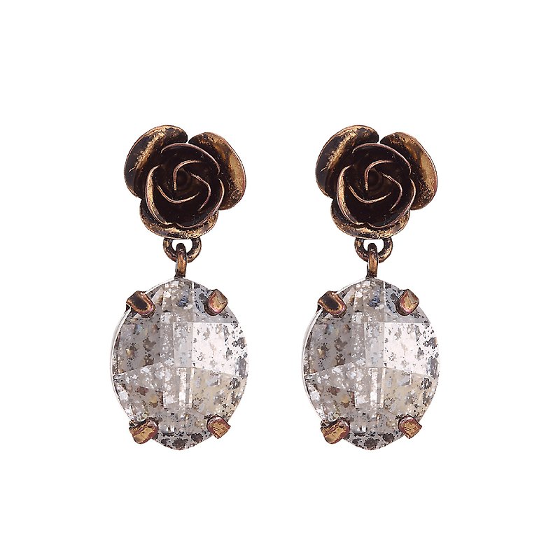 Patina crystal rose earrings~antique gold - ต่างหู - คริสตัล 