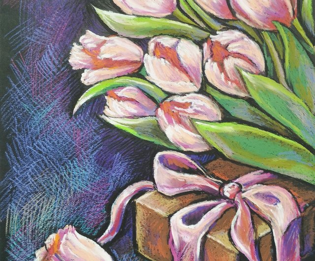 ピンクのチューリップの花を描くアート絵画オイルパステルブーケ