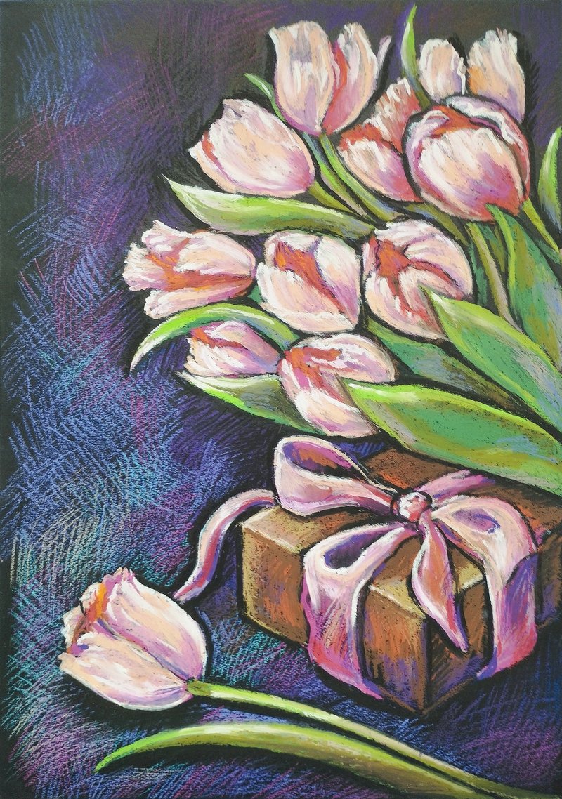 Pink tulips drawing flowers art painting oil pastel bouquet gift for a woman - ตกแต่งผนัง - กระดาษ สึชมพู