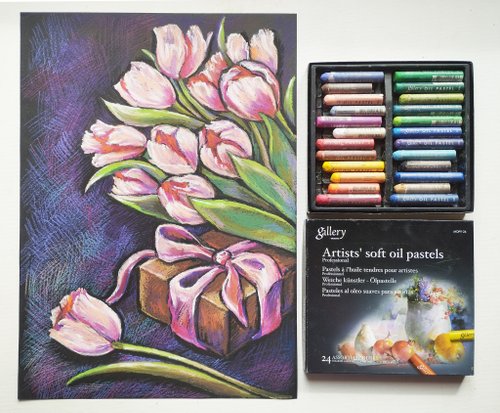 オイルパステル 女性 ピンクのチューリップの花を描くアート絵画オイルパステルブーケ