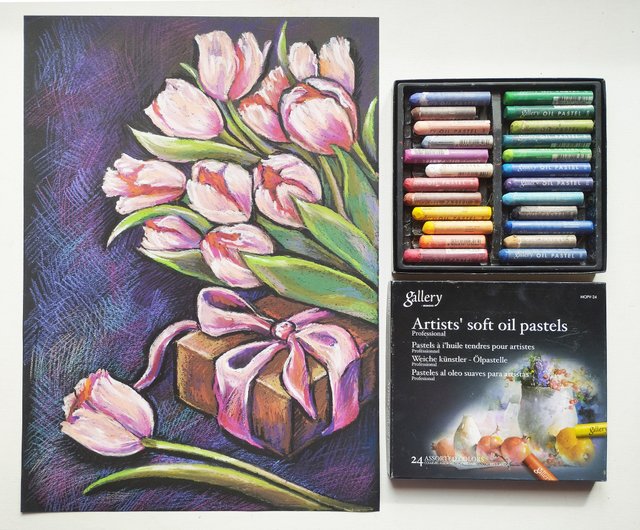 ピンクのチューリップの花を描くアート絵画オイルパステルブーケ