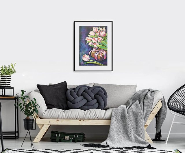 オイルパステル 女性 ピンクのチューリップの花を描くアート絵画オイルパステルブーケ