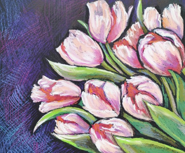 ピンクのチューリップの花を描くアート絵画オイルパステルブーケ