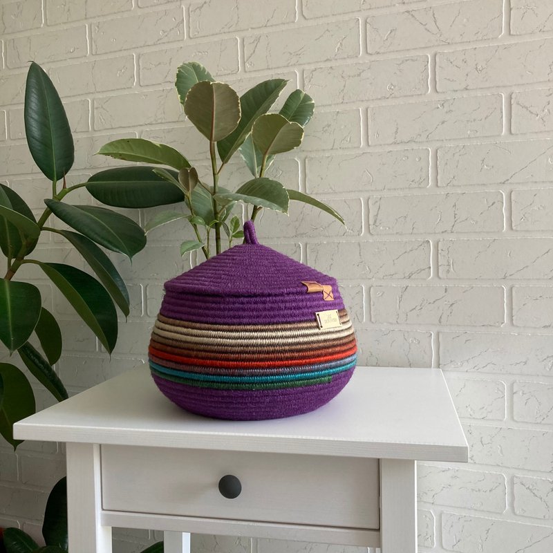 Violet storage basket  Cotton rope basket with lid Art basket - ชั้นวาง/ตะกร้า - ผ้าฝ้าย/ผ้าลินิน สีม่วง