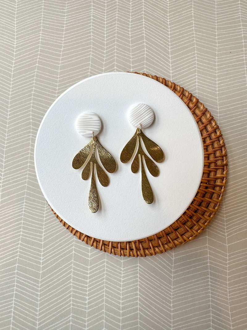 • Handcrafted Polymer Clay Earrings • White Translucent Leaf Dangles - Earrings & Clip-ons - Pottery White