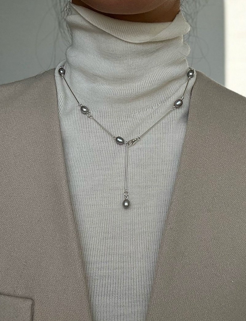 POGO gray real Linen color freshwater pearl clavicle chain Y chain sweater chain - Necklaces - Other Materials 