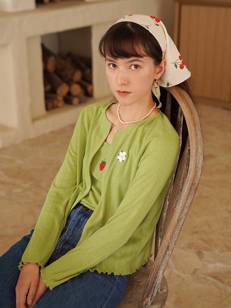 法式少女吊帶開衫兩件套 - 女上衣/長袖上衣 - 棉．麻 綠色
