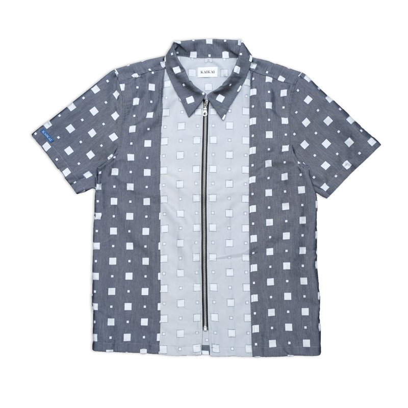 Blue White Zip Short-Sleeved Shirt - Men's Coats & Jackets - Cotton & Hemp Blue