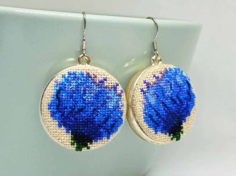 Blue flower embroidered earrings, Nature flower cross stitch jewelry - Earrings & Clip-ons - Thread Blue