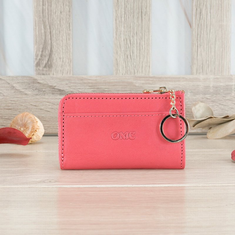 Italian vegetable tanned leather L-shaped single zipper 3-card cowhide coin purse 95016 (rouge powder) - Coin Purses - Genuine Leather Pink