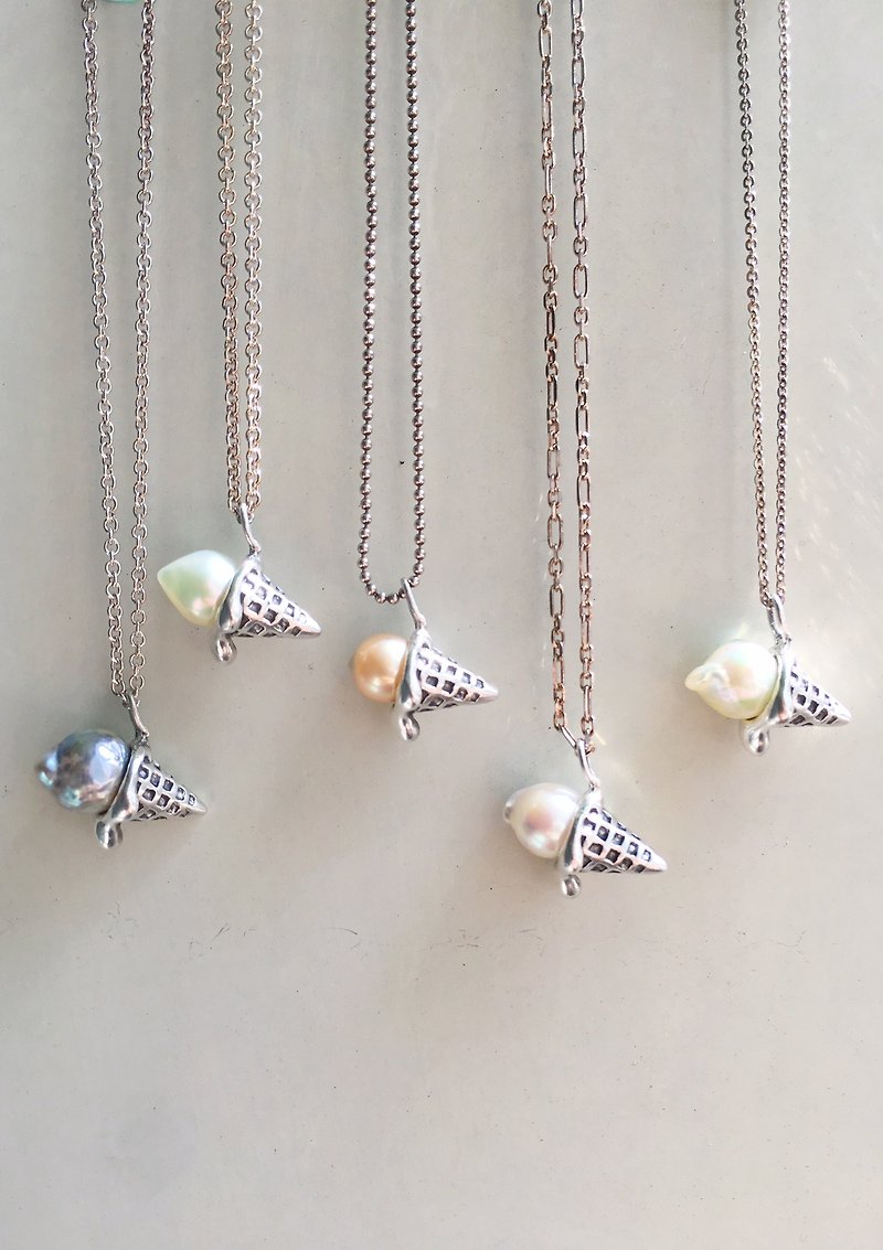 "Petite Fille handmade silver" summer ice cream silver pearl necklace - สร้อยคอ - โลหะ สีเงิน