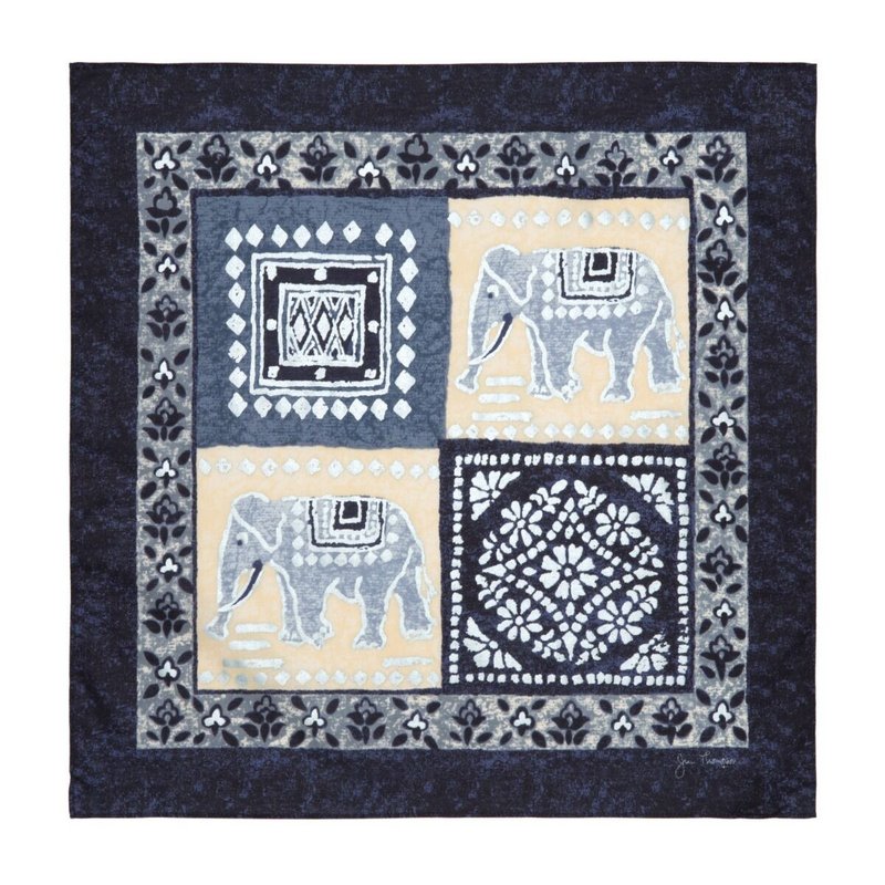 Thai Bandana Metallic Floral Elephants Cotton Napkin - Navy - ผ้าเช็ดหน้า - ผ้าฝ้าย/ผ้าลินิน สีน้ำเงิน