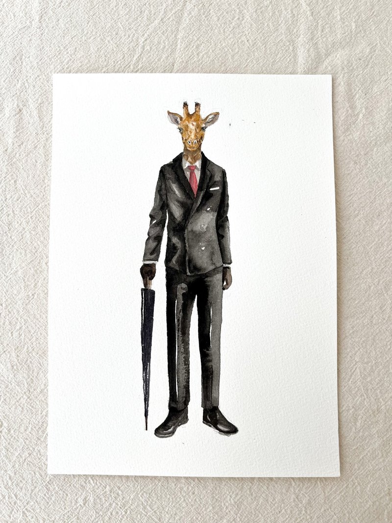 Suit series giraffe watercolor original painting - ภาพวาดบุคคล - กระดาษ สีดำ