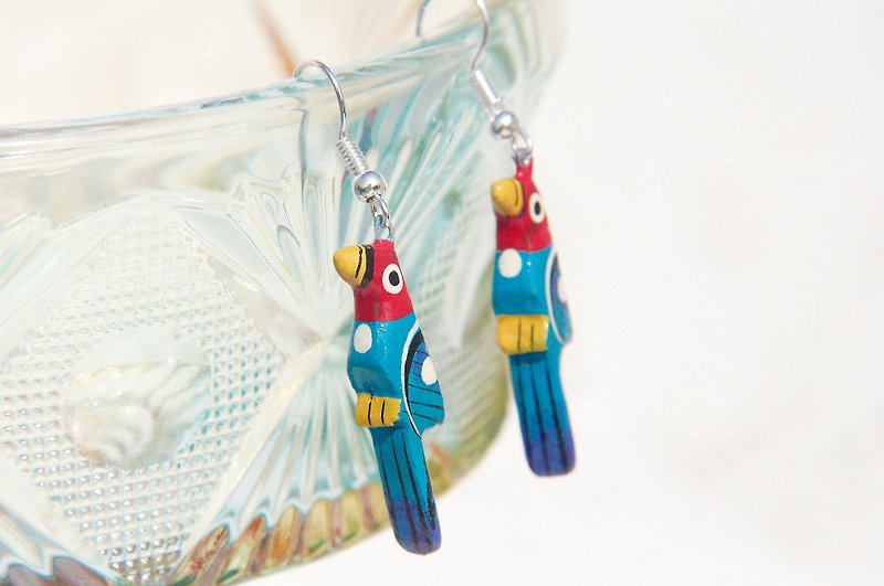 Valentine's Day gift hand-painted wooden earrings limited edition / wooden earrings / Animal earrings - Rainforest colored birds (Ear / ear clip) - Earrings & Clip-ons - Wood Multicolor