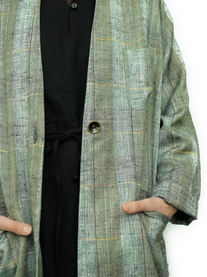 OMAKE / omagow Polish linen single button gauze check - Women's Casual & Functional Jackets - Cotton & Hemp Gray