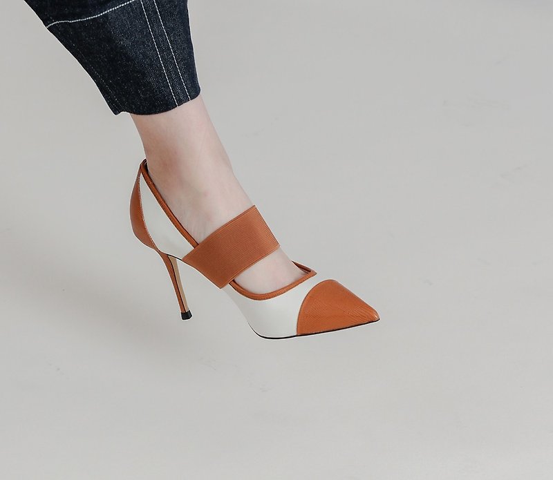 Elegant stitching bandage leather high heels camel - รองเท้ารัดส้น - หนังแท้ สีนำ้ตาล