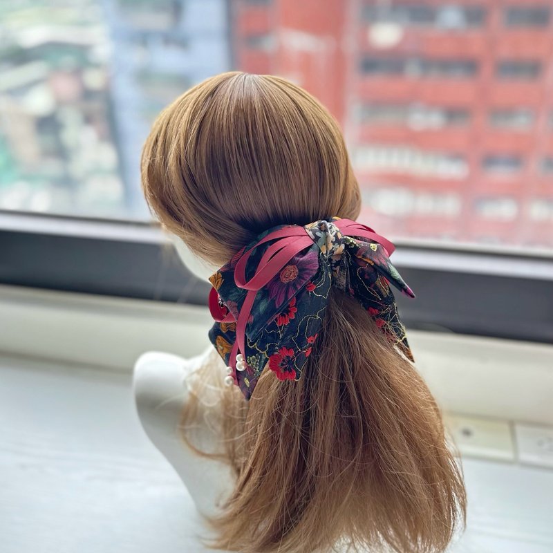 棉布蝴蝶結蕾絲鯊魚夾抓夾相交夾髮夾髮飾頭飾-大花黑紅色 - 髮夾/髮圈 - 其他材質 黑色