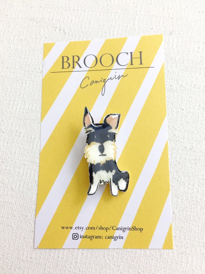 Schnauzer dog brooch handmade illustration jewelry pin badge - เข็มกลัด - พลาสติก สีดำ