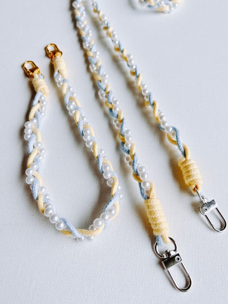 Yellow and blue pearl woven mobile phone strap mobile phone lanyard mobile phone case anti-fall - อุปกรณ์เสริมอื่น ๆ - ผ้าฝ้าย/ผ้าลินิน สีน้ำเงิน