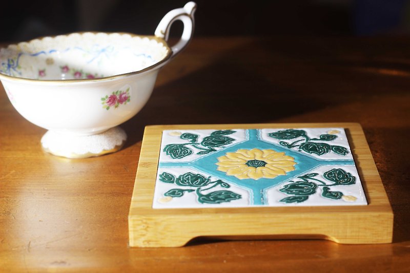Taiwan Tile Bamboo Coaster---Jin Wei insists - Coasters - Porcelain Blue