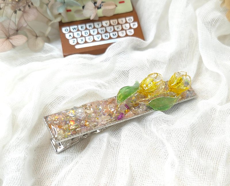 鬱金香造花液樹脂糖果長壓夾 - 髮夾/髮圈 - 樹脂 黃色