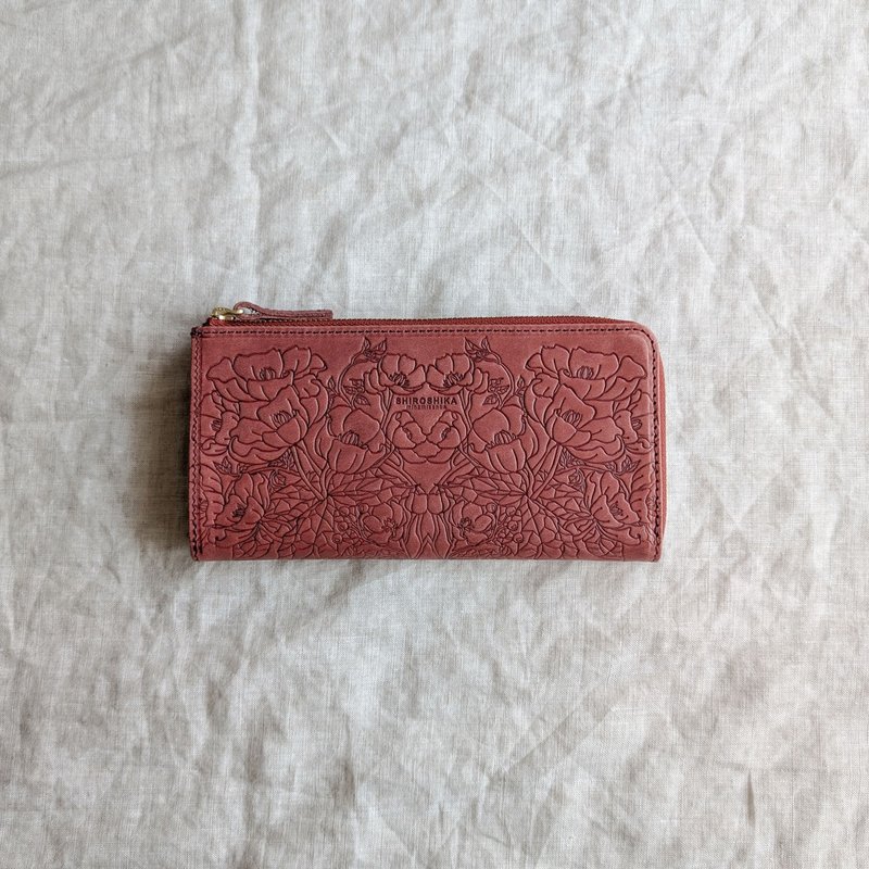 日本製　お札を折らない　スリムな財布　花柄　アラベスク　サンカヨウ　本革　ミニ財布　コンパクト財布　花柄　赤色　ssb04red - 錢包/皮夾/長短夾 - 真皮 紅色