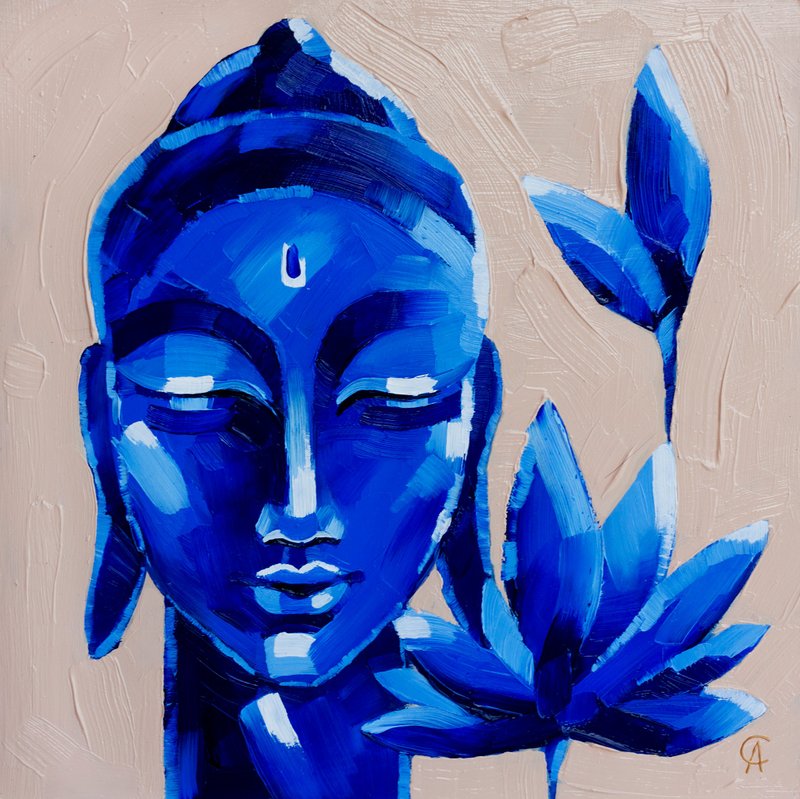 Buddha Painting Meditation Original Art Indian Artwork Spiritual Decor - โปสเตอร์ - วัสดุอื่นๆ สีน้ำเงิน