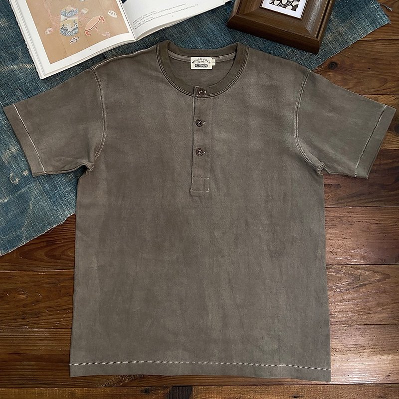 Major Folk│Plant-dyed walnut-dyed American retro cotton heavyweight Henry collar short-sleeved men's TEE - Men's T-Shirts & Tops - Cotton & Hemp 